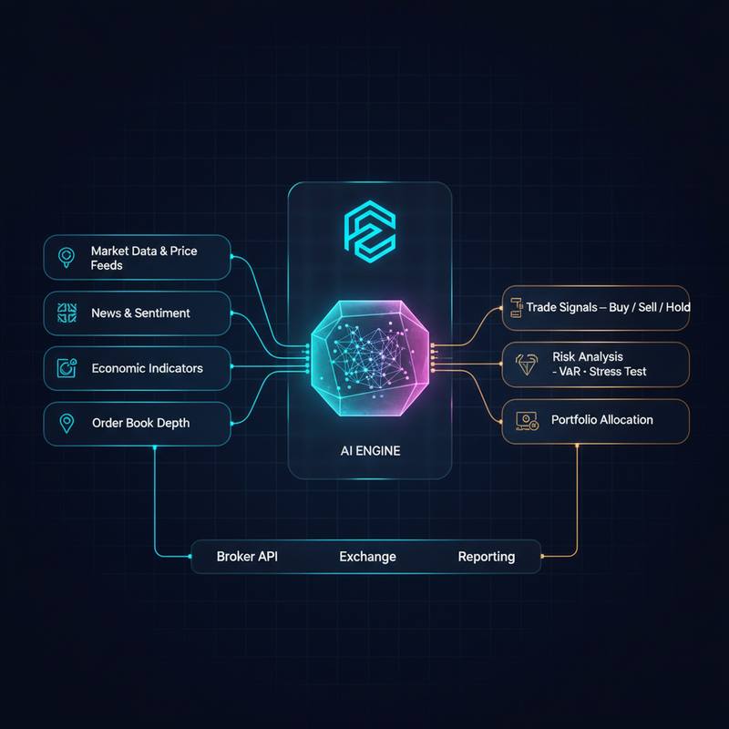 EarnfeldのAIエンジンの構成図。市場データ、ニュース、経済指標、板情報が中央の解析コアに流れ込み、売買シグナル、リスク分析、ポートフォリオ配分として出力される